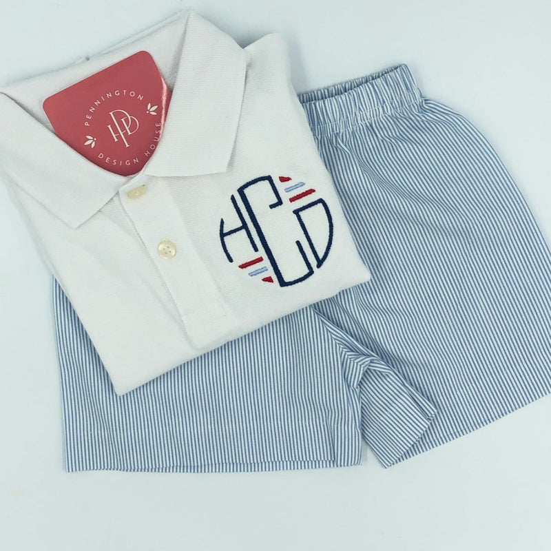 Red, White Blue Mono  - White or Navy Polo