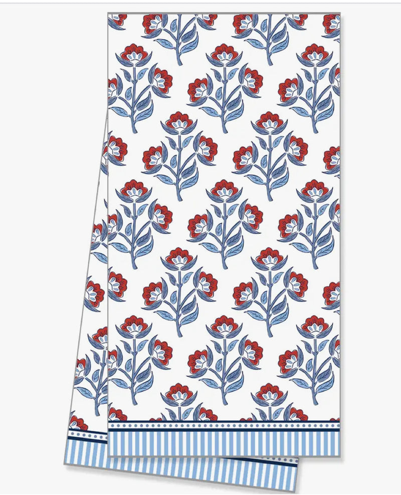 Red Floral Block Print Tea Towel